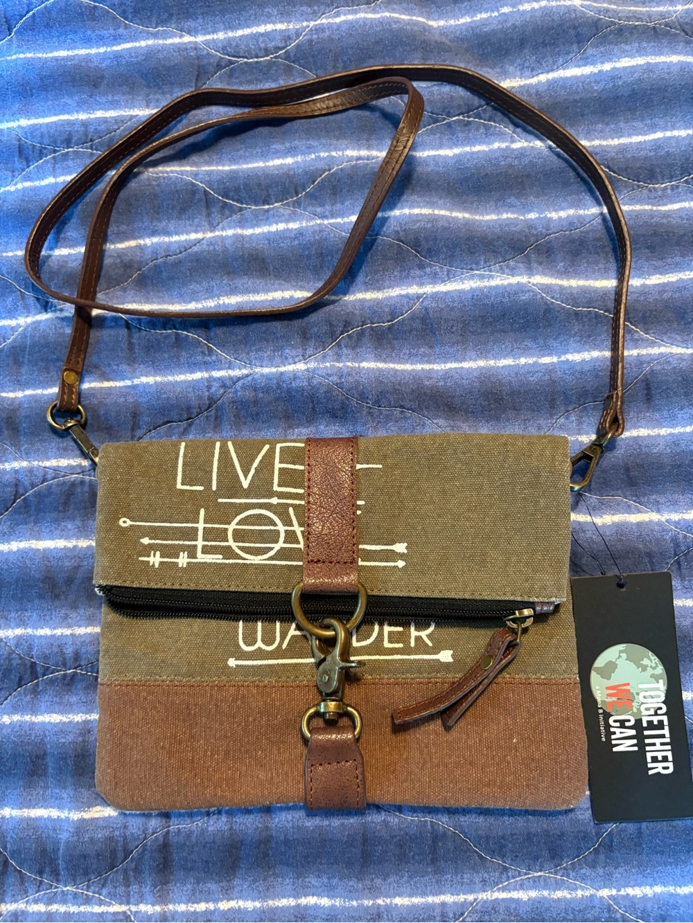 Together Olive and Brown Canvas Messenger Bag with Leather Accents